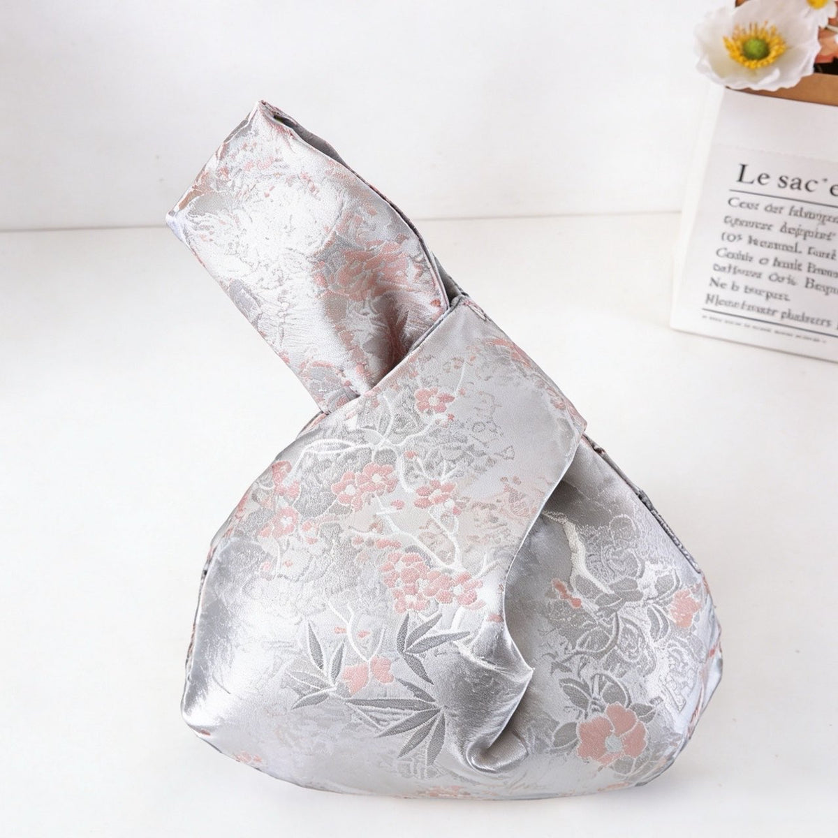 Gold grey rose satin knot bag with rose branch motif