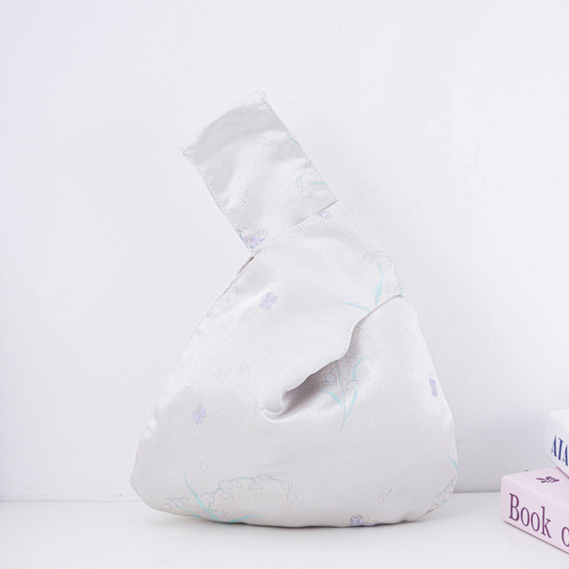 Silver purple lily of the valley brocade knot bag